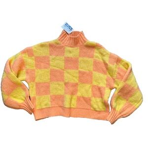 MM My Michelle Women's Large Orange Yellow Checkered High Neck Sweater NWT